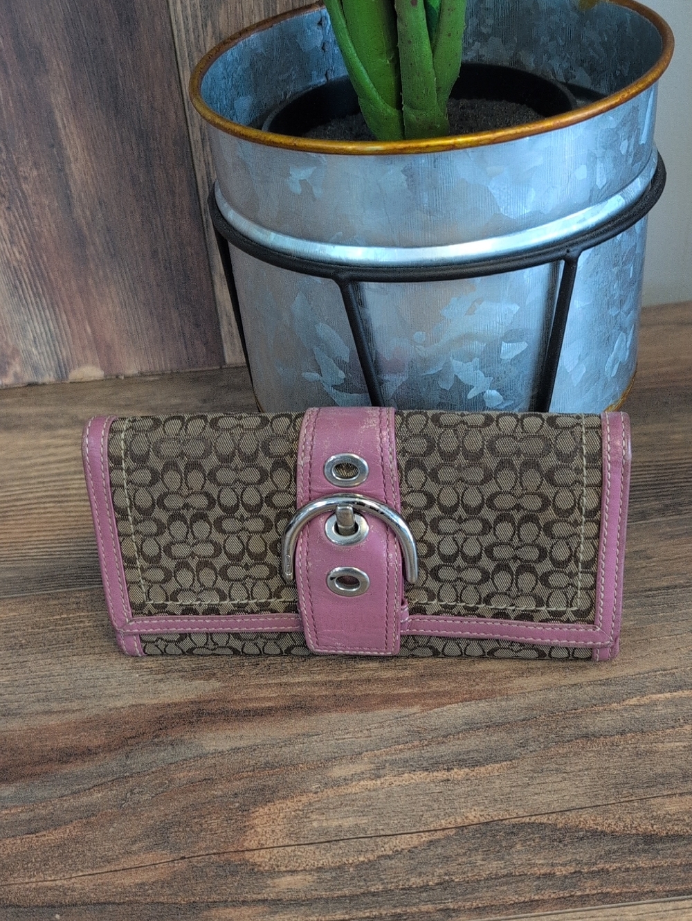 Coach Soho Signature Canvas Long Pink Leather Trim Monogram Wallet   M474